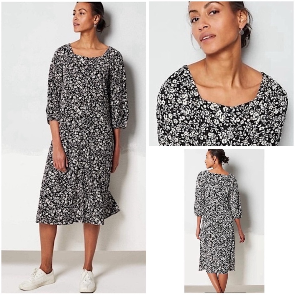 J Jill Womens Square Neck Dark Ditsy Floral Midi Dress Sz XL Peasant Sleeve